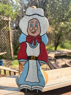Hand-Painted Folk Art Wooden Maid Towel Holder- Blue & Red